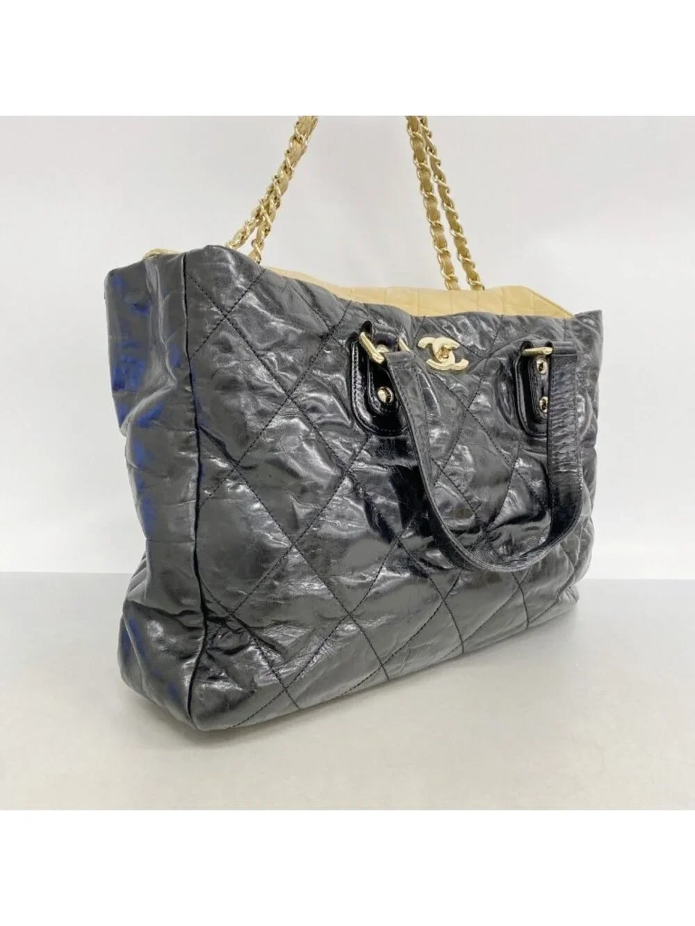 Chanel Tote Calfskin Black Beige Gold 2-Way